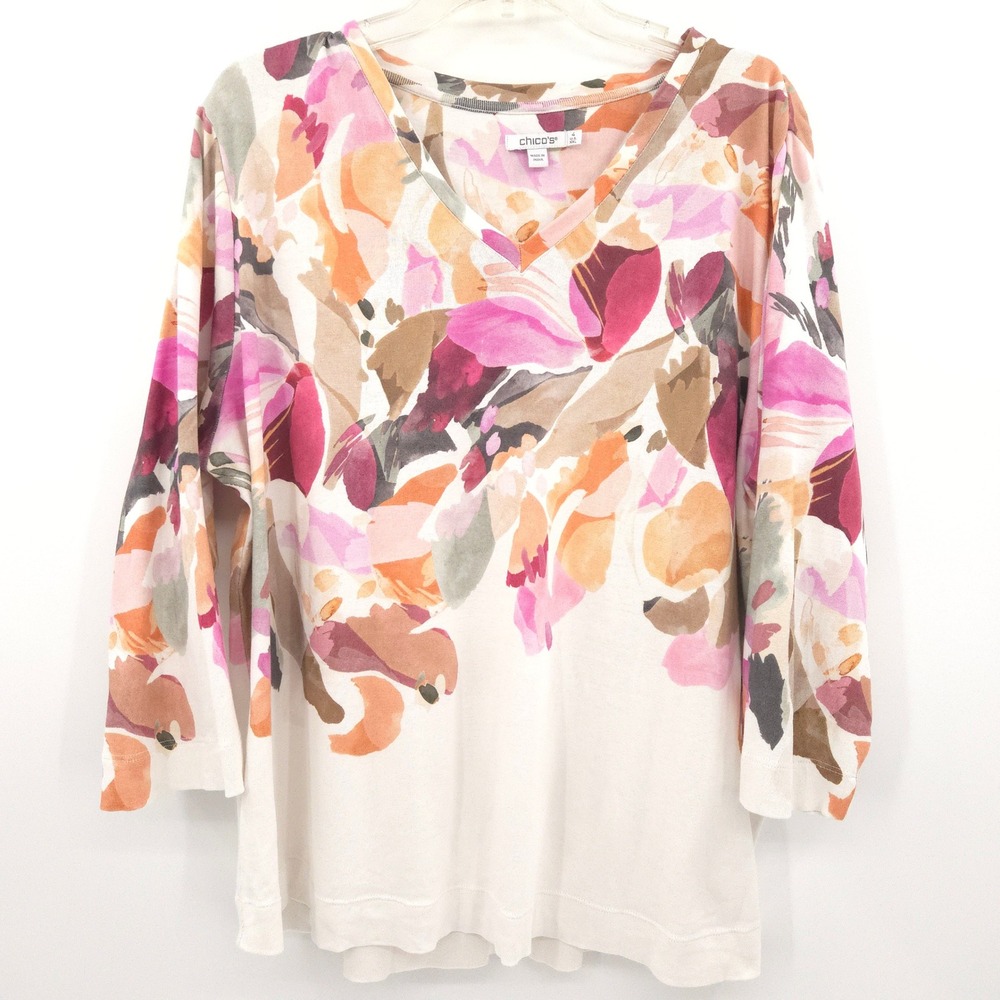 Chico's V-Neck Top Women Size 4 (XXL) White Pink Floral Pima Cotton 3/4 Sleeve